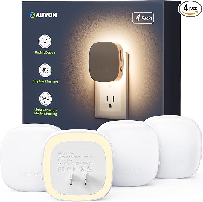 AUVON Plug-in LED Backlit Night Light with Motion Sensor & Dusk to Dawn Sensor