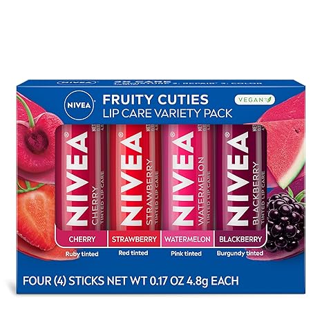NIVEA Lip Care, Fruity Tinted Lip Balm Variety Pack, Cherry, Strawberry, Blackberry and Watermelon Flavors, 3-in-1 Moisture