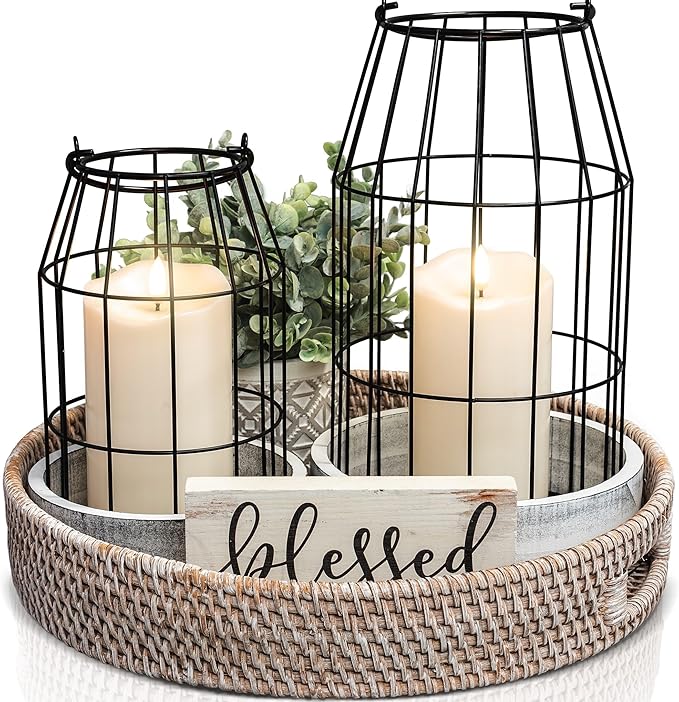Rustic Farmhouse Lantern Decor Set of 2 - Stylish Decorative Lanterns for Your Living Room